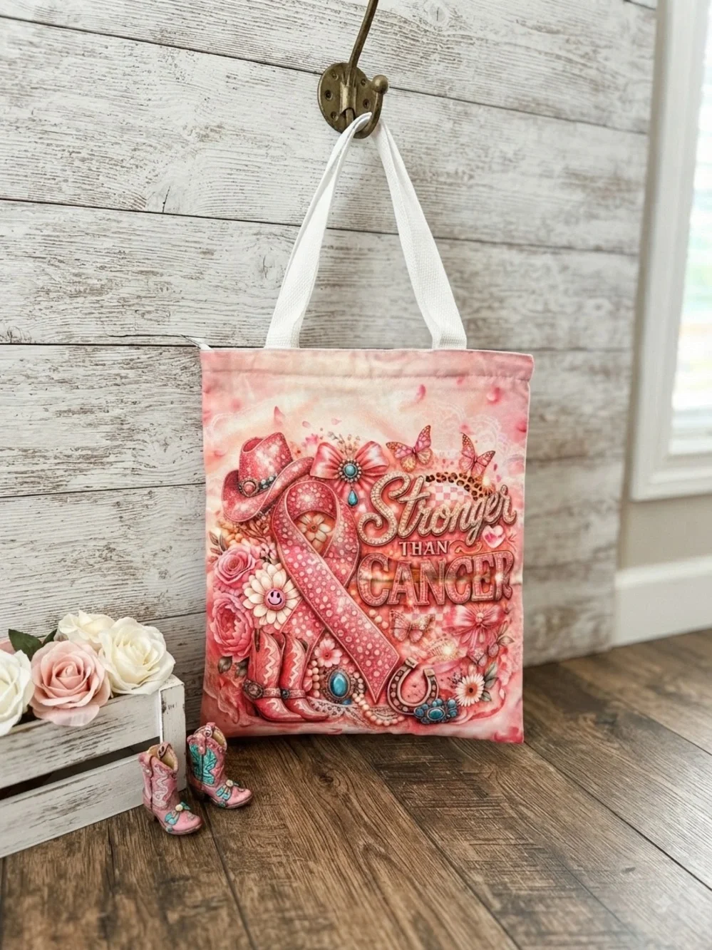 Stronger Than Cancer Pink Ribbon Tote Bag